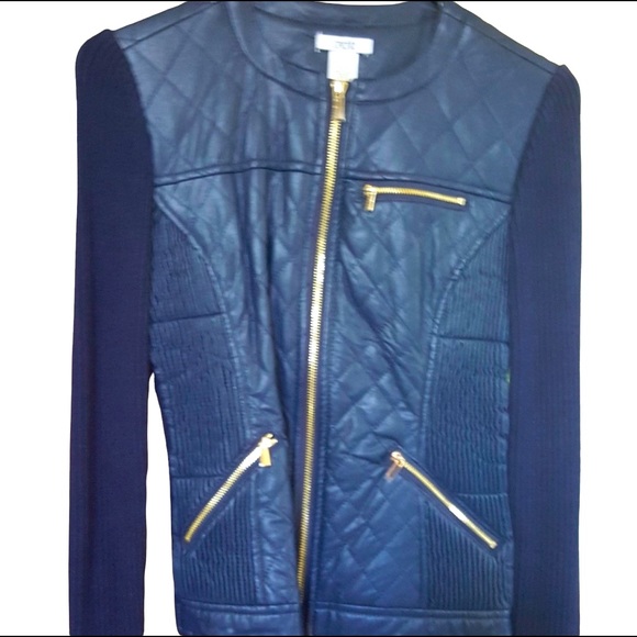 Cache Jackets & Blazers - Cache faux leather front Moto jacket with gold colored zippers. Size XL